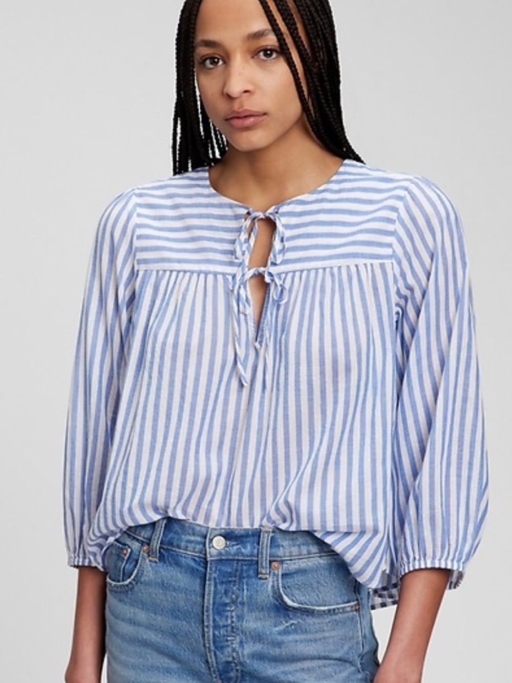 GAP Blue and White Striped Tie-Neck Peasant Blouse
